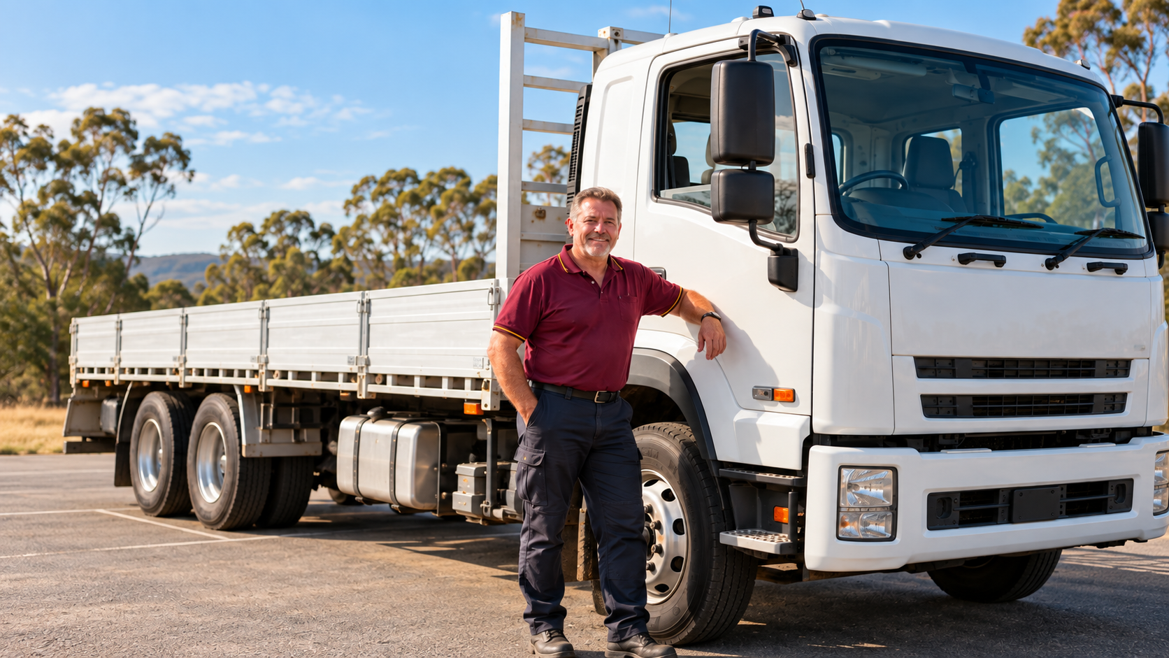 Heavy vehicle driver beside white flatbed truck